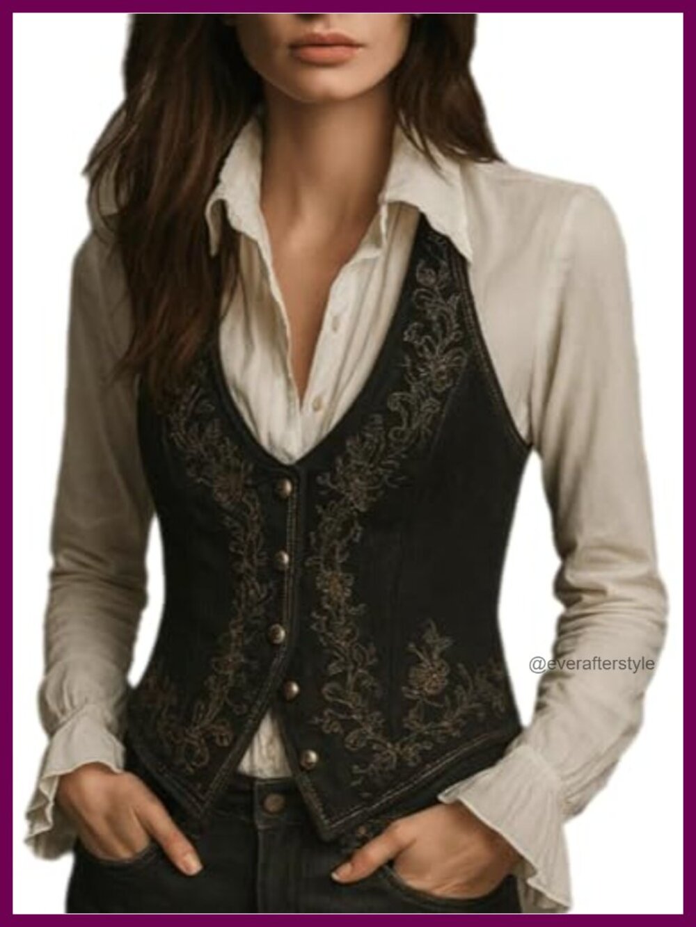 Faux Denim Western Vest Floral Embroidered V-Neck Sleeveless